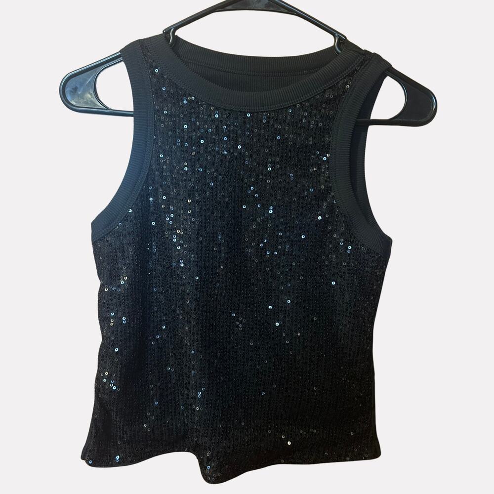 Women's Black Sequin Crop Tank Top Size S Sleeveless Party Rave Club Festival
